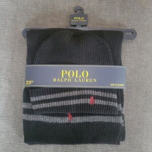 Polo Ralph Lauren Men's Black 2 Piece Set Hat & Scarf Lambswool Blend